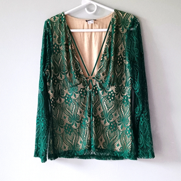 VENUS Tops - Venus Lace Long Sleeve Plunging V-neck Top Green Nude Large